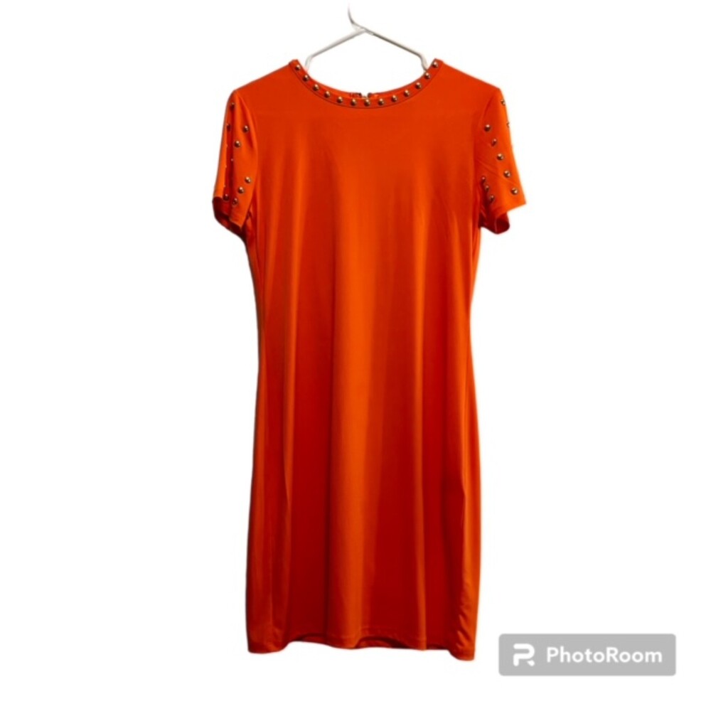 Michael Kors Womens Orange Gold Studded Short Sleeve Mini Dress Size Small